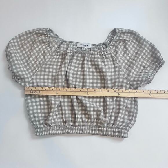 GILLI CREAM PUFFED SMOCKED ELASTIC CROPPED BLOUSE GINGHAM PATTERN SIZE S - Picture 6 of 10